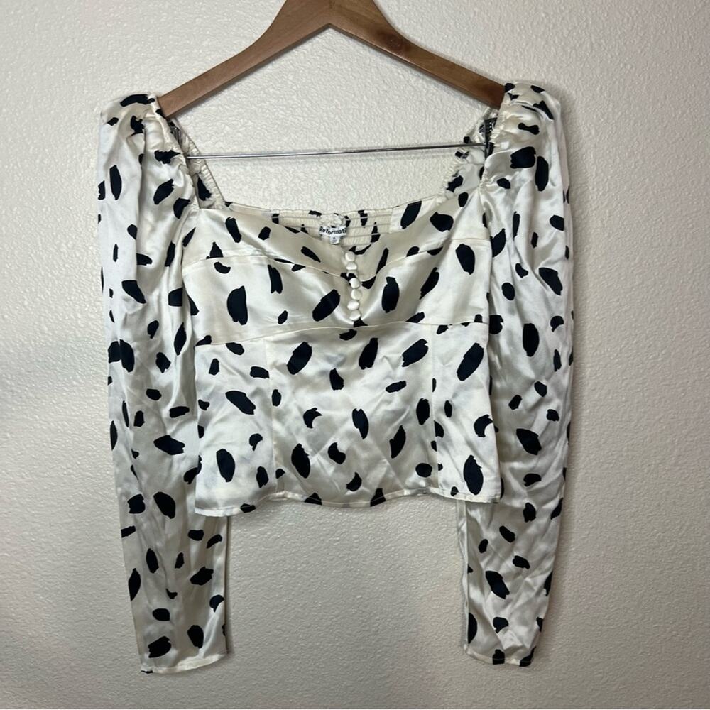 Reformation Reign satin long sleeve cropped blouse in ink blot NEW 0